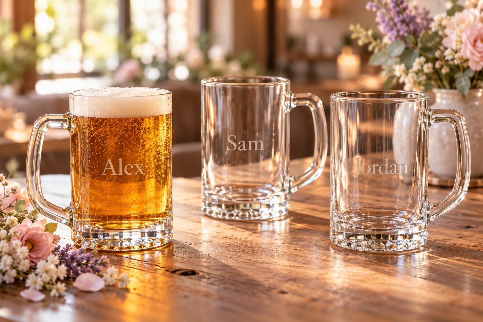 Individually engraved beer mugs on a taproom table