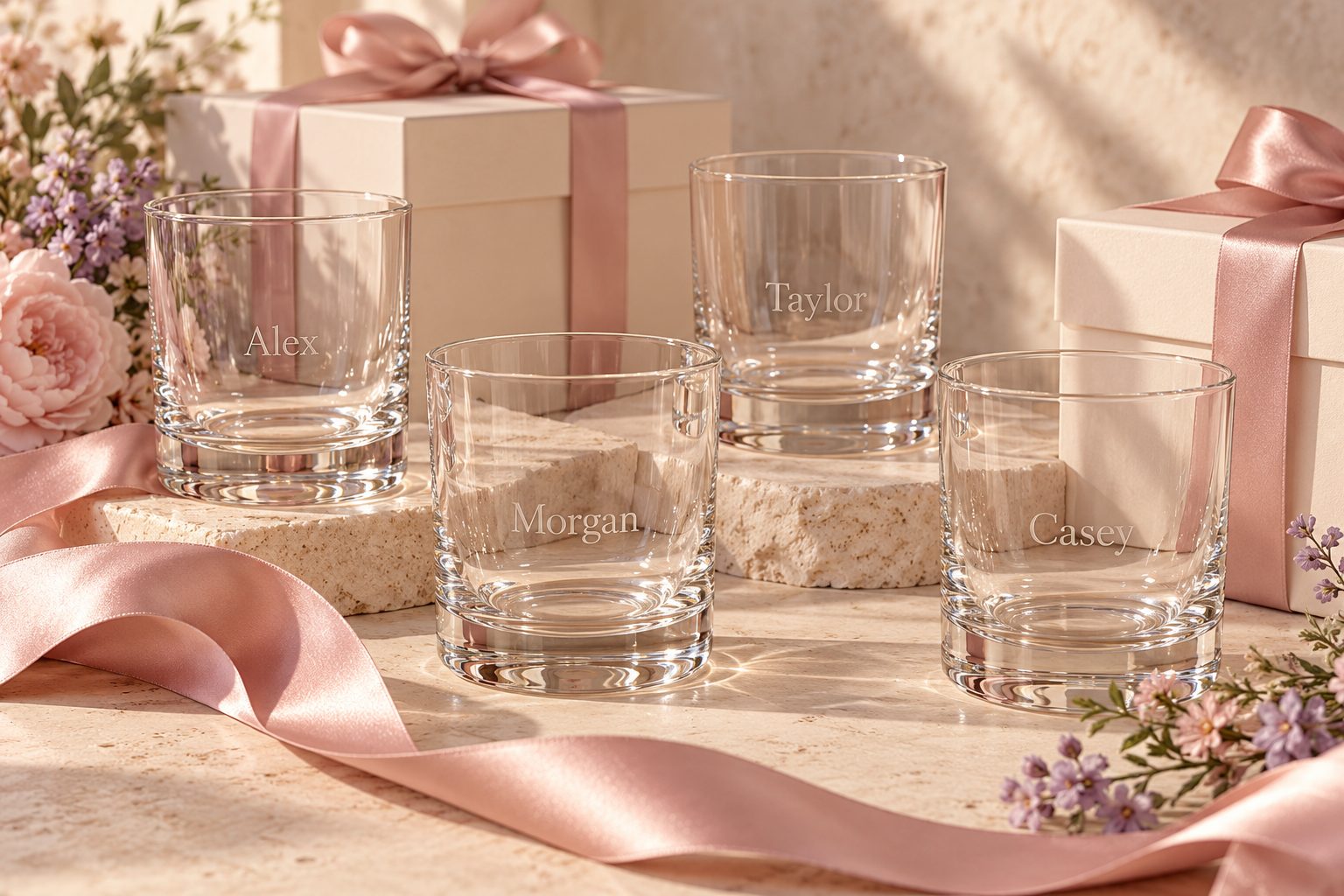 Personalized rocks glasses with cream gift boxes and pink ribbon