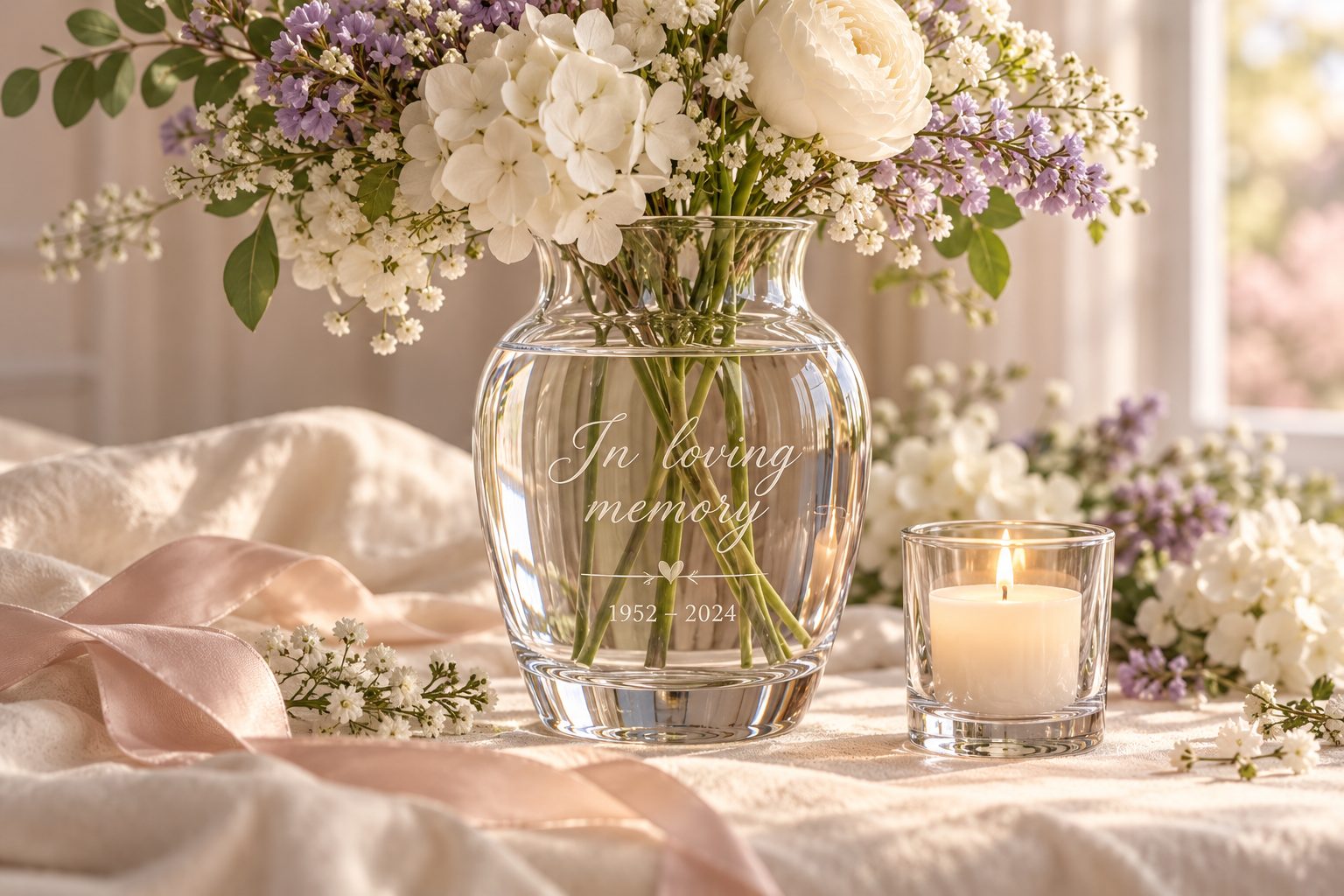 Engraved remembrance vase and candle holder with white flowers