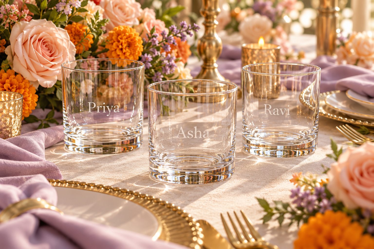 Named glasses with warm florals for a multi-event wedding