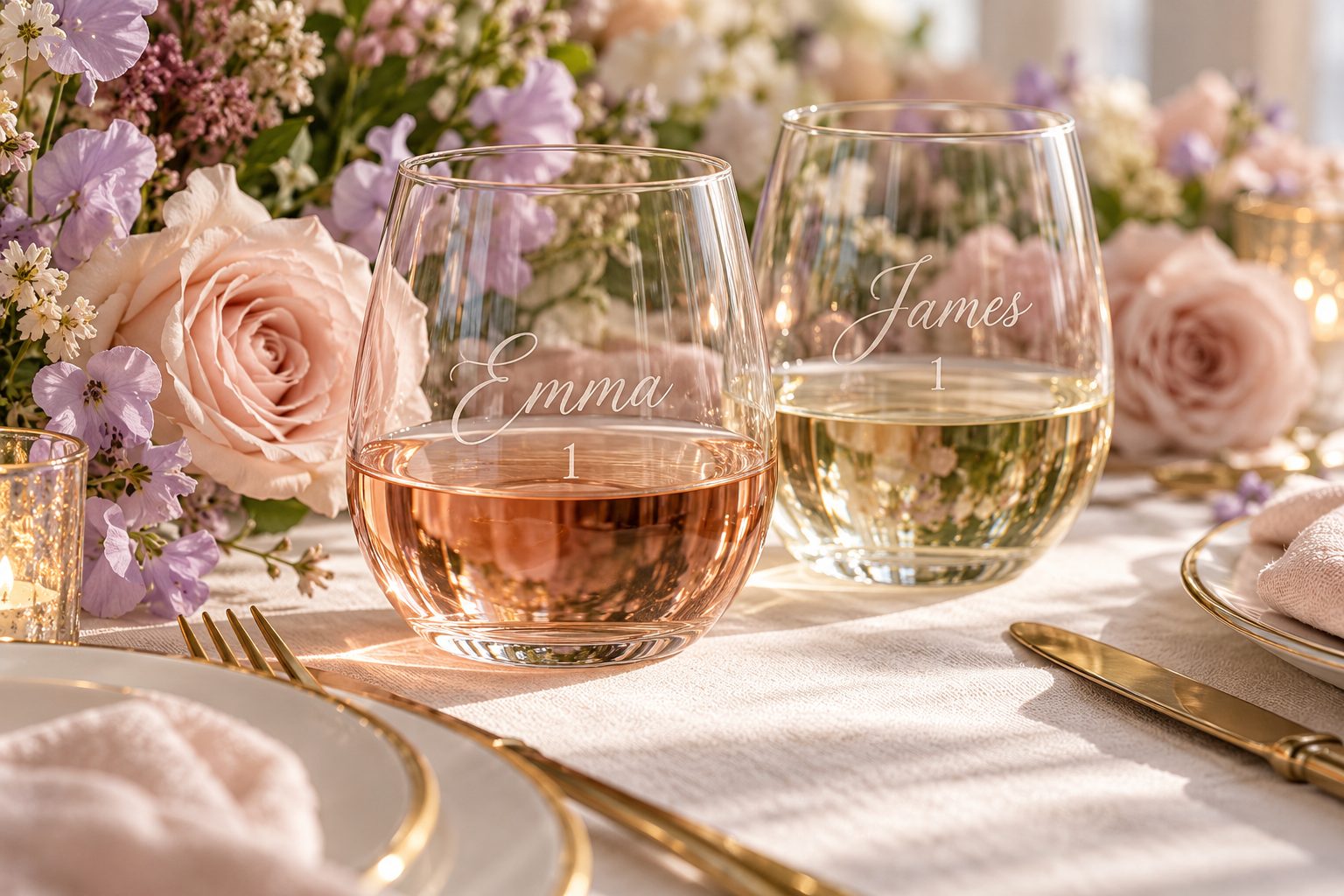Personalized stemless glasses on a floral reception table
